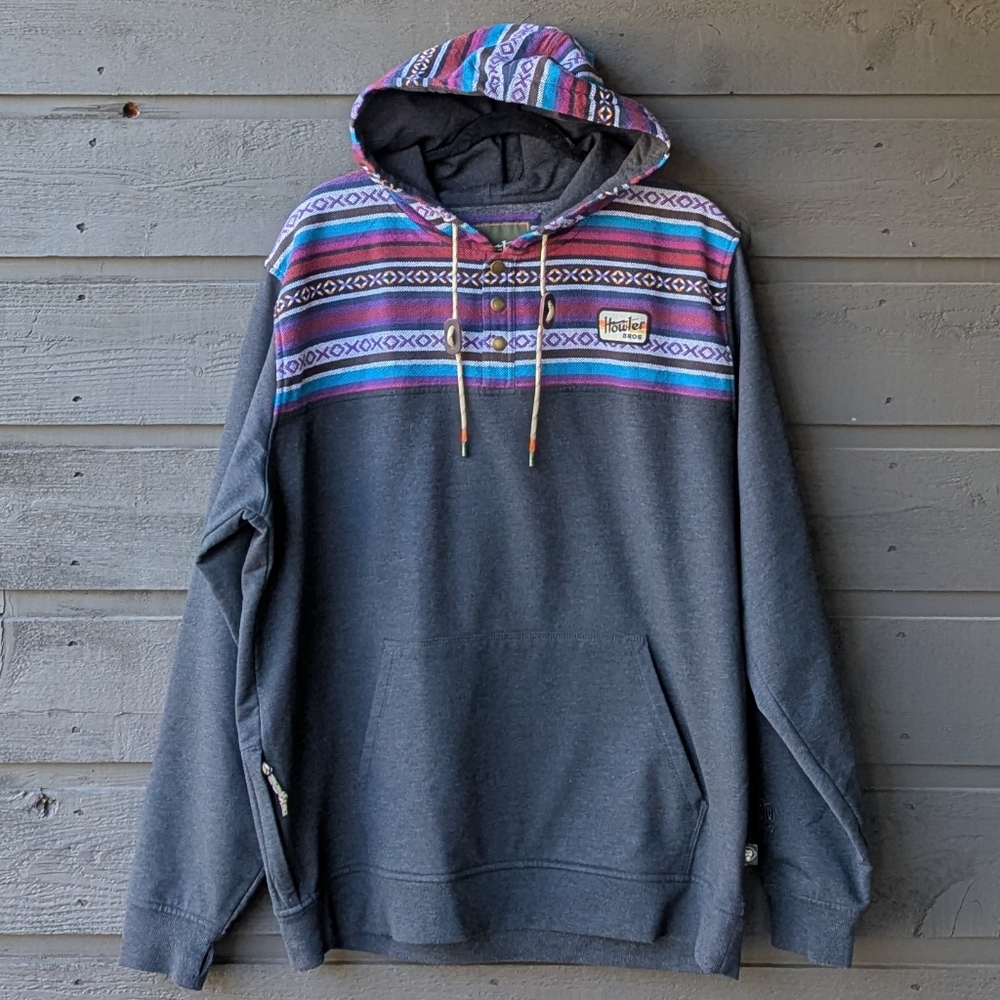 Howler Brothers Charcoal Hoodie with Multicolor Aztec Yoke